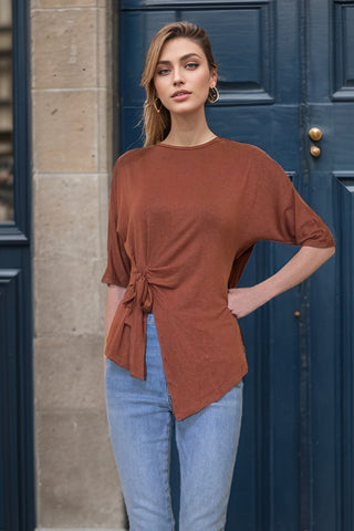 BRITTNEY SIDE TIED  HALF SLEEVE TOP (HAZEL NUT) - VT3436