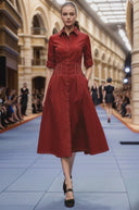 Contrast Stitch Pleated Midi Shirt Dress